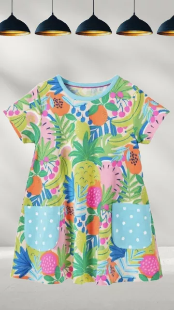 Ex Mini Boden Girl's Printed Tunic Dress in Tickled Pink Tropical Fruit (Defect)