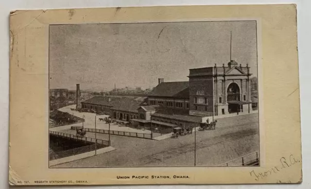 1907 NE Postcard Omaha Nebraska Union Pacific Station RR Railroad Train Depot
