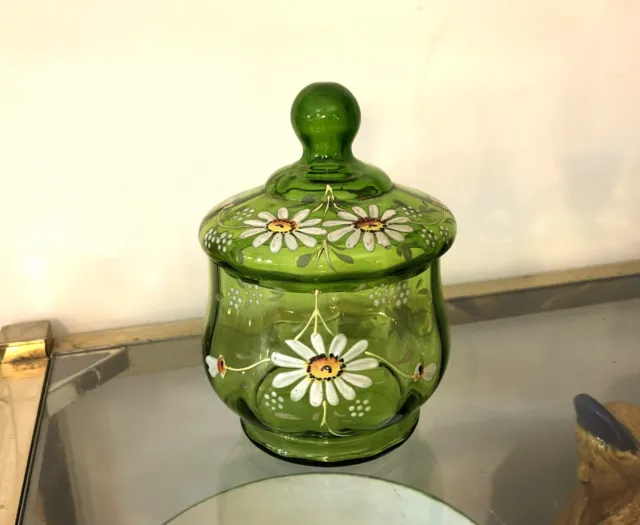 Bonbonnière / pot couvert ART NOUVEAU en verre émaillé 15,5 cm Drageoir Boite