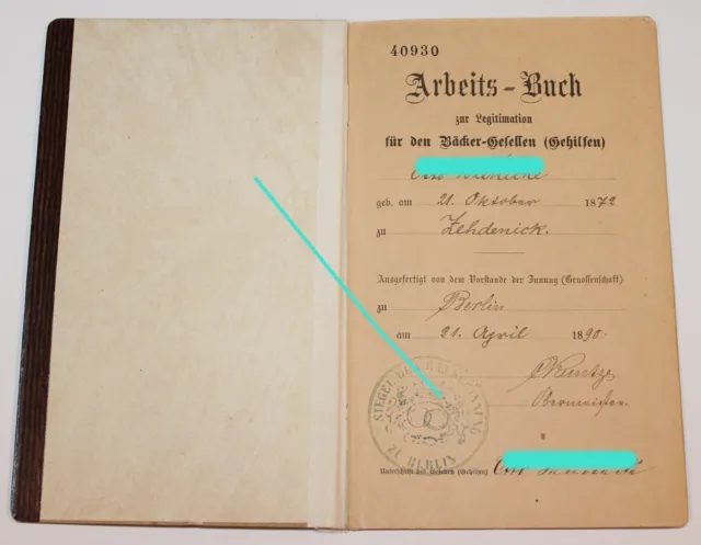Bäcker - Geselle , Arbeits - Buch , Berlin 1890 8
