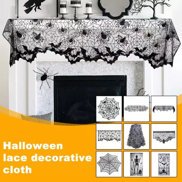 Halloween Decoration Lace Spider Web Skeleton Skull Fireplace Tablecloth U3Q0