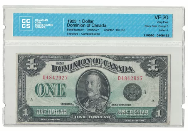Dominion of Canada 1923 $1 Certified CCCS VF-20 serial D4842927