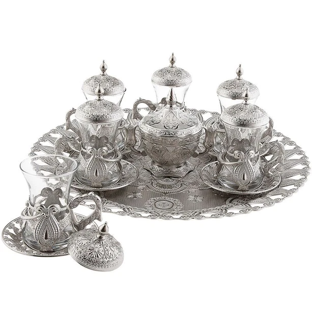 Turkish 8 Piece Tulip Tea Cup Set Ottoman Style & Circular Tray 325-K-11 Silver