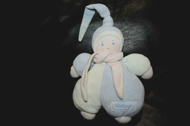 Doudou poupée  lutin bleu rose NOUNOURS bonnet écharpe grelot 20 cm