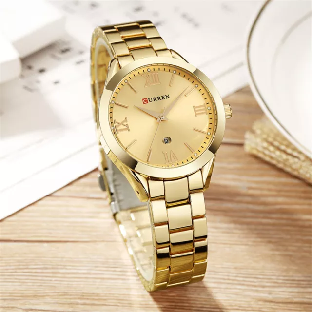 CURREN Women Watch Gold Steel Roman Numerals Female Ladies Calendar Wristwatch