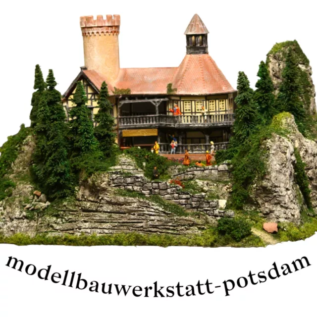 Diorama H0/1:87 Landgasthof Berggasthof Berg Granit Felsen#patiniert+LED#begrünt