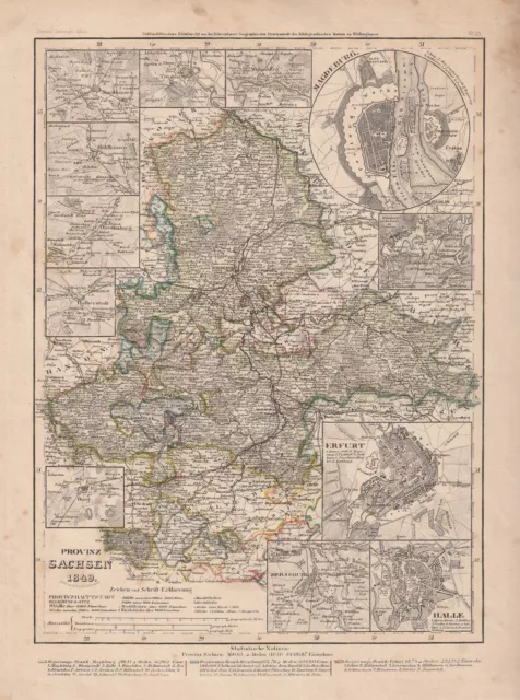 c1850 Provinz Sachsen 1849 Preussen grenzkolorierte Stahlstich-Karte