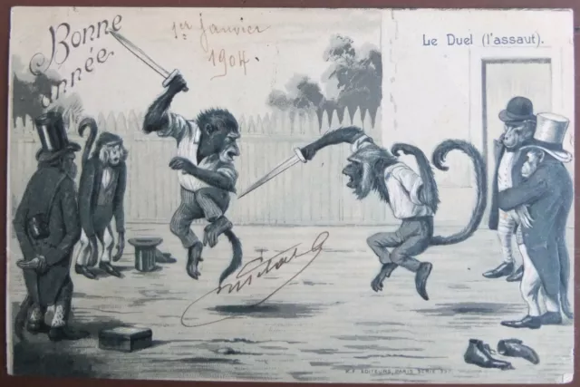 Vintage dressed monkeys duel Anthropomorphic postcard embossed monkey 1904