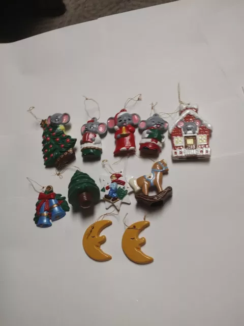 Lot Of 11 VTG Hand Painted Ceramic Christmas Ornaments Mice Rocking Horse Bells