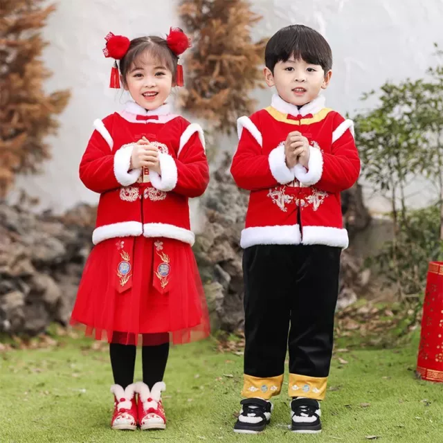 2 Pezzi Anno Nuovo Ttang Abito Bambina Bambino Ricamato Hanfu Costume Termico