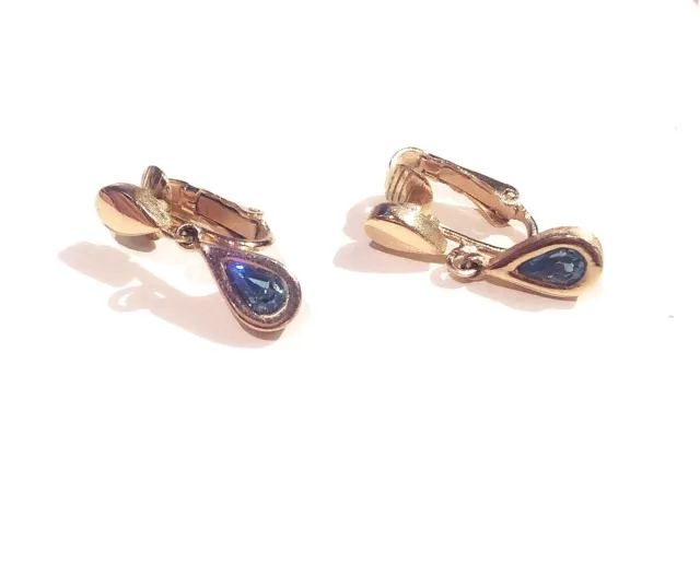 VINTAGE SIGNED - AVON - 1970s Teardrop Aquamarine Crystal Gold Plated Earrings