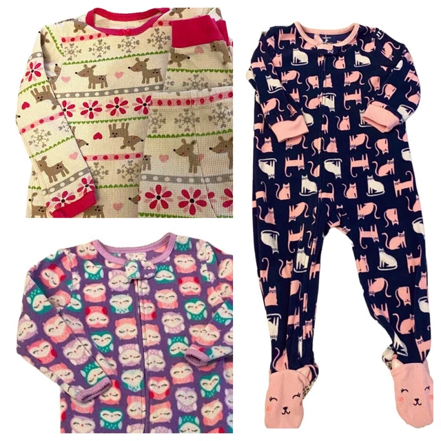 Lot (3) Carters 2T Baby Girls Pajamas PJs Sleepers Fleece Owls Holiday Cats  N