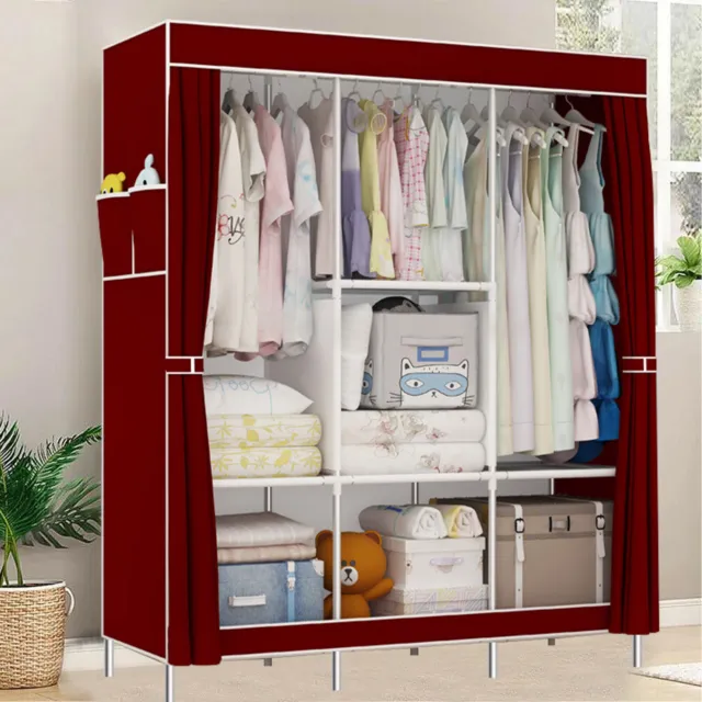 Large Fabric Canvas Wardrobe Clothes Hanging Rail Shelving Storage Cupboard Red