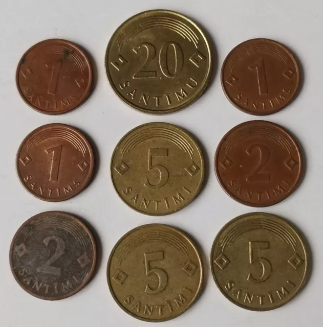 Lot de 9 pièces de monnaie de Lettonie