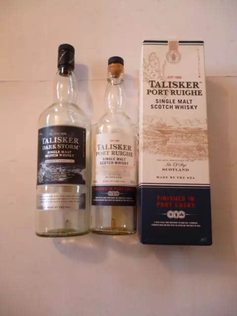 Lot x 2 Collectable Empty Talisker Whisky Bottles:Dark Storm, Port Ruighe+Carton