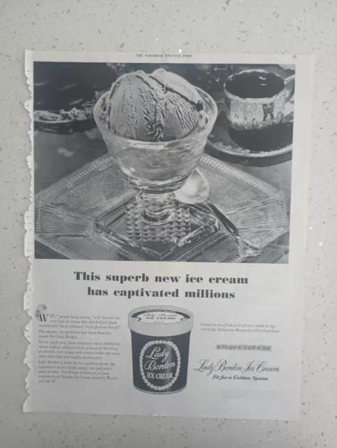 1947 Lady Borden Old Print Ad Ice Cream Golden Spoon Chocolate Vanilla Ag304745