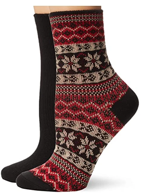 Hue Socks fair isle snowflake 2 pair shortie so soft winter boot black red white