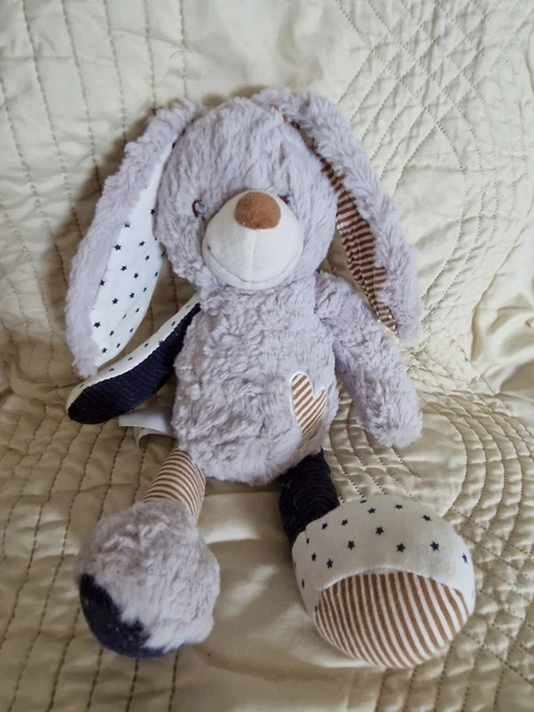 Doudou peluche lapin gris rayé bleu etoiles coeur TAPE A L'OEIL TAO