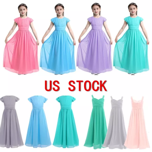 US Girls Bridesmaid Pleated Chiffon Flower Girl Short Sleeves Maxi Long Dress 3