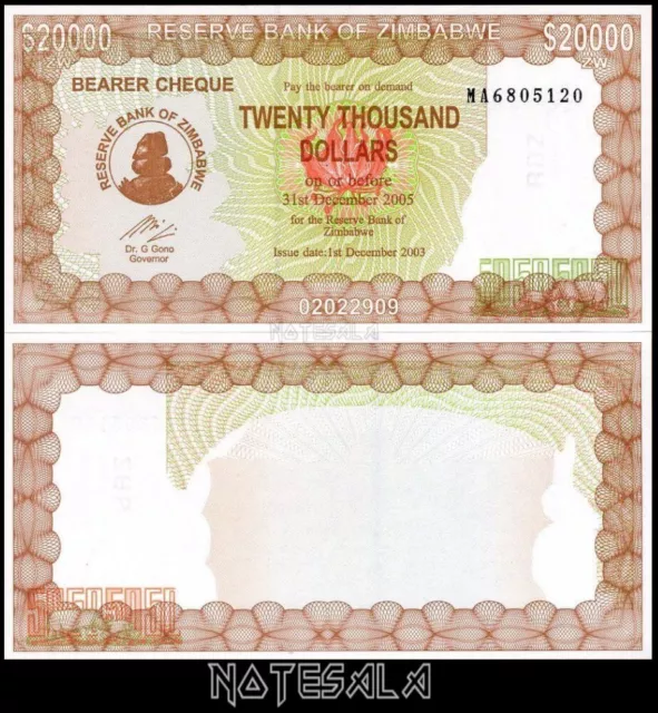 Zimbabwe 20,000 20000  DOLLARS 2003 (2005) Pick-23f PREFIX FY NEW-UNC