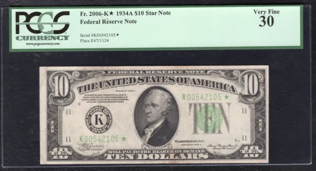 Fr. 2006-K* 1934-A $10 *Star* Frn Federal Reserve Note Dallas, Tx Pcgs Vf-30