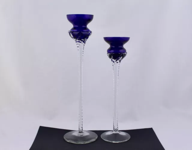 Set Of 2 Romanian Handblown Cobalt Blue And Crystal-Clear Candle Holders - Mint