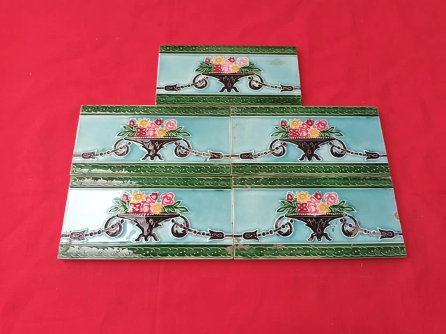 5 Piece Old Art Nice Flower Design Majolica Ceramic Tiles Japan 0067 2