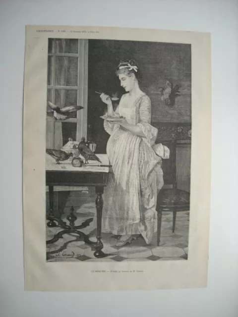 Gravure 1873. Le Dejeuner.  D’apres Le Tableau De M. Caraud, Peintre Francais.