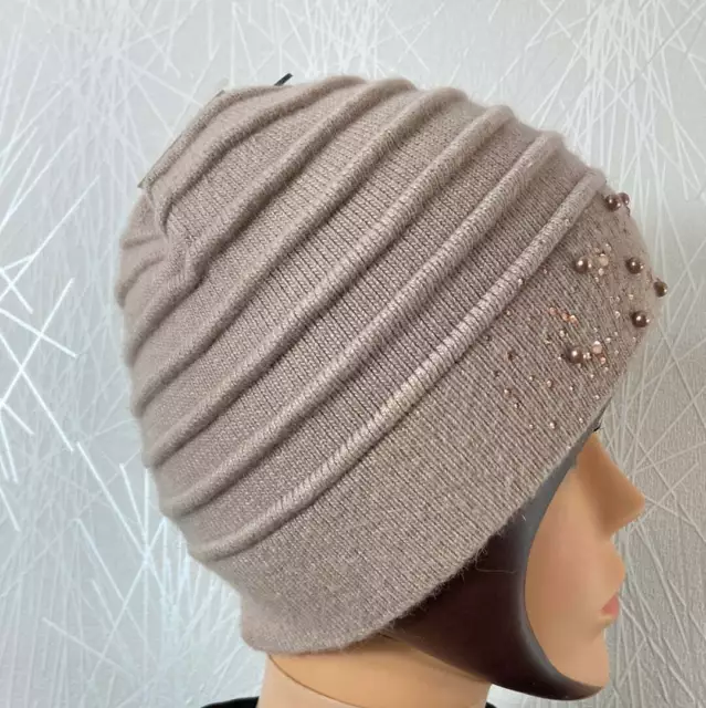 Bonnet chaud pour femme en tricot laine cachemire avec perles strass - TU Beige 2