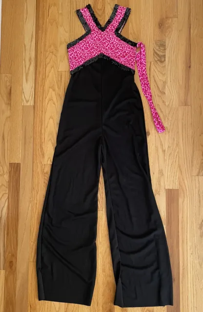VTG Curtain Call Costumes Child-XL Leopard Hot Pink & Black Unitard Recital