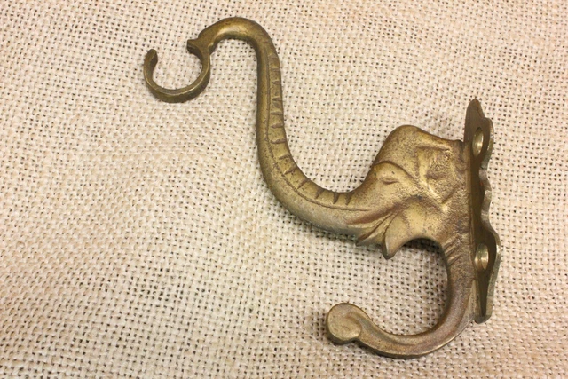Old Coat Hook Elephant Head Decorated Tarnished Antique Cast Brass Key Holder