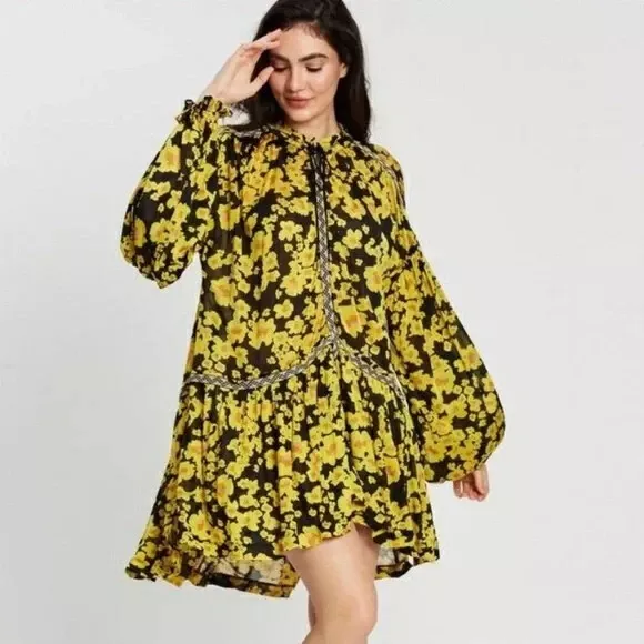 Free People Love Letter Tunic Dress Women Casual Printed Oversize S yellow black