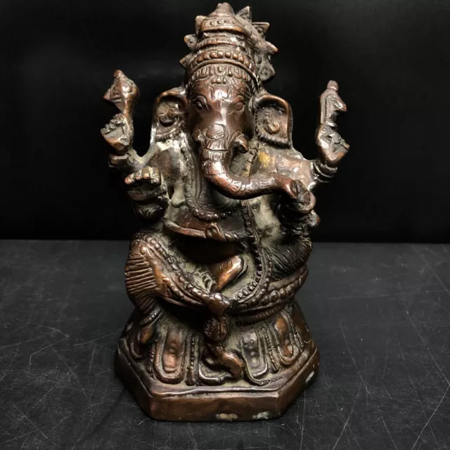 Ganesha Vintage Bronze Statue Idol on Pedestal Elephant God Deity Hindu -CP
