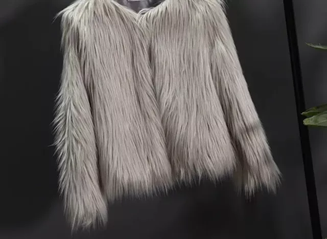 LANSHIFEI Ladies Women Shaggy Fluffy Faux Fur Gray Coat Jacket size 10/12