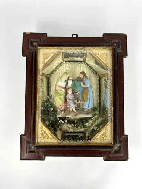 Antike Klosterarbeit Schaukasten Verspiegelt Krippe Figur Porzellan Jesus