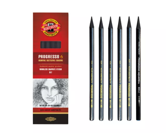 6 Vollminen Bleistifte - HB 2B 4B 6B 8B Aquarellstift KOH-I-NOOR Progresso NEU