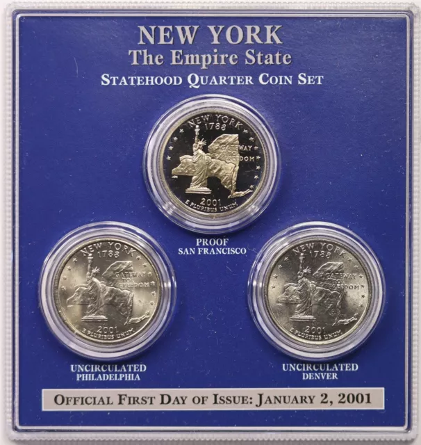 2001-PDS New York Statehood Quarter 3 Coin Set Uncirculated Proof