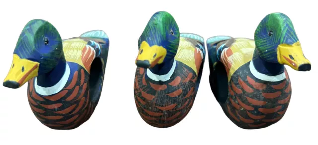 Vgn Set of 3 Wooden Hand Carved Hand Painted Mallard Duck Napkin Ring Holders