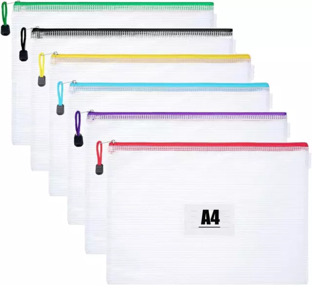 A4 Plastic Zip Wallets - 6PCS A4 Zip Lock Bags Plastic Document Folders Mesh Zip