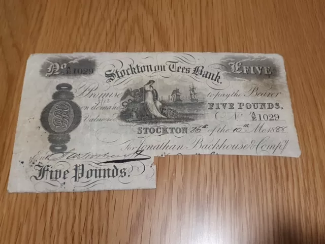 1888 Five Pound £5 Banknote AE1029 STOCKTON on TEES BANK Signed CUT