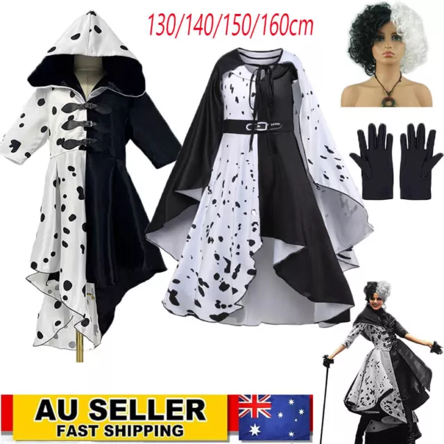 Kids Girls Cruella de Vil Cosplay Costume Dress Cloak Wig Outfit Fancy Dress Up