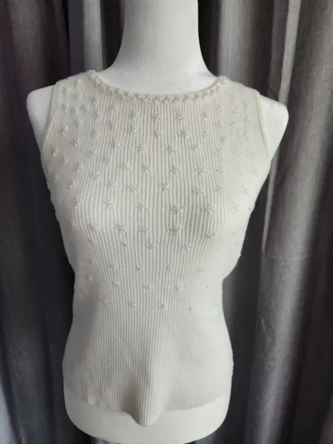 Cache White Women’s Vintage Tank With Beaded Stars  Top Blouse Size M