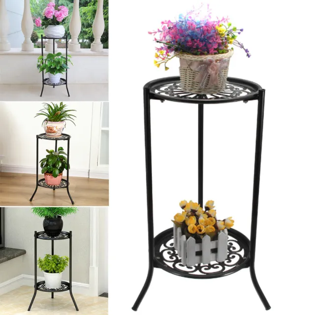 2 Tier Plant Pot Stand Flower Metal Holder Shelf Display Garden Outdoor Indoor