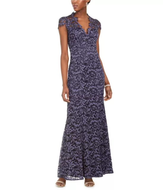 Eliza J Womens Lace V-Neck A-line Gown Dress, Blue, 6