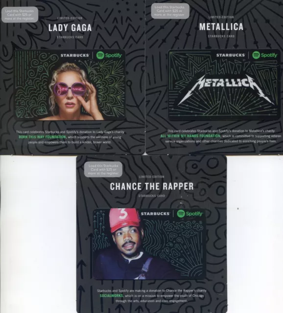 Complete set 3 Spotify  Lady Gaga Metalica Chance the  Rapper   Starbucks 2017