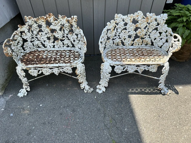 Pair Of Very Heavy Victorian Cast Iron Grape and Leaf Garden Benches