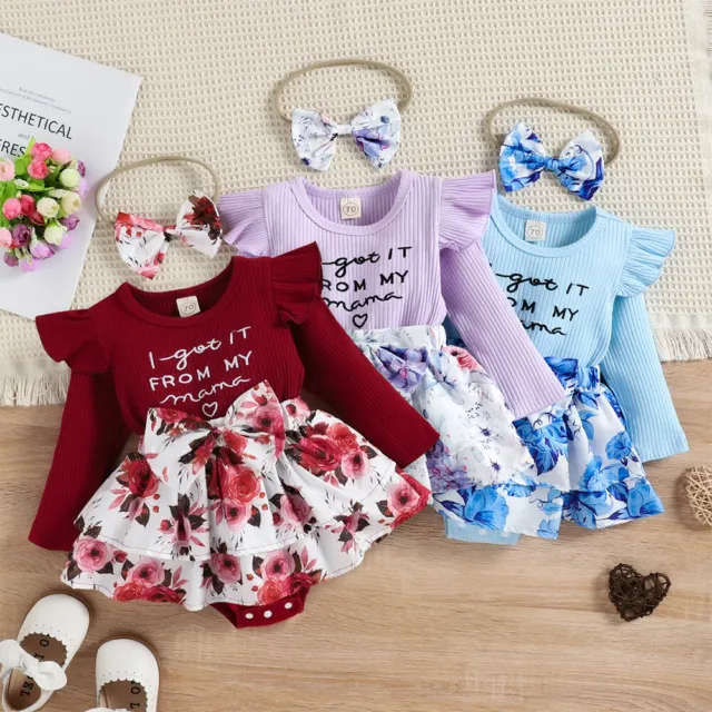2PCS Newborn Baby Girls Floral Ribbed Romper Dress Headband Set Outfit Clothes