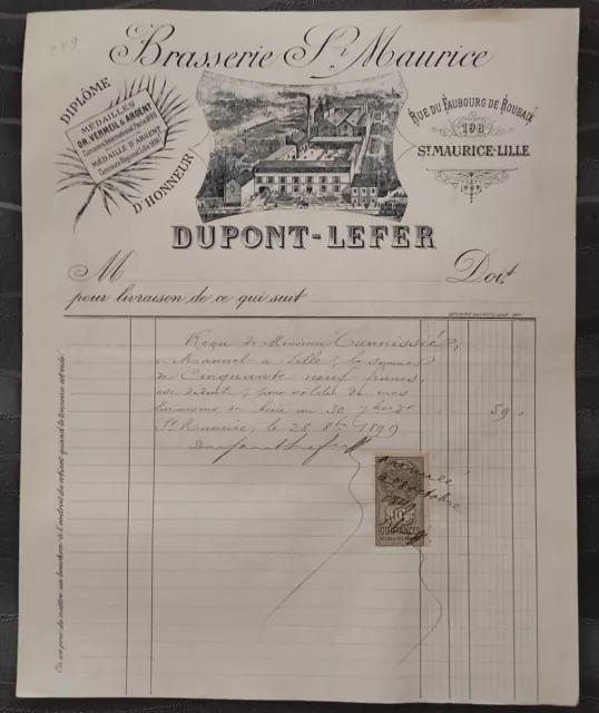 Facture DUPONT-LEFER  BRASSERIE St MAURICE (LILLE)  1899