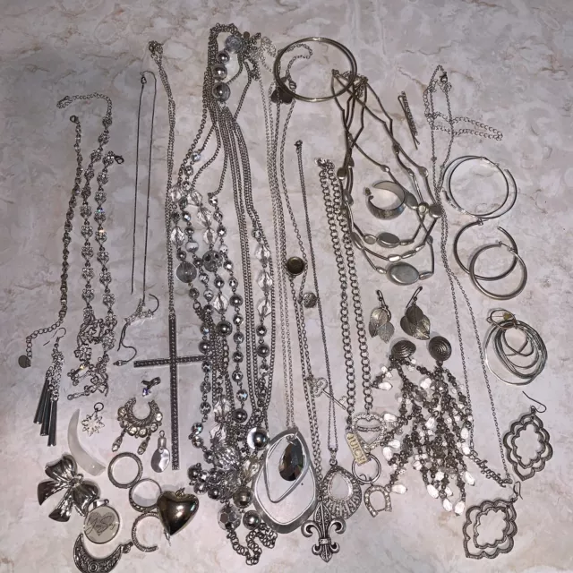 Lot Of Vintage Now Jewelry For Crafts Repair Re Purpose Silver Tone 1LB +
