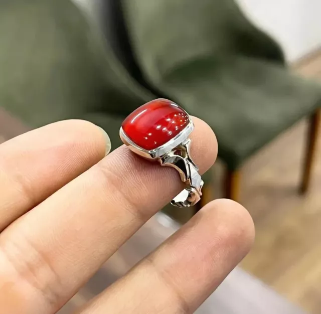 Natural Brown Yemeni Aqeeq Blood Red Color Real Yamani Akik Haqeeq Silver Ring